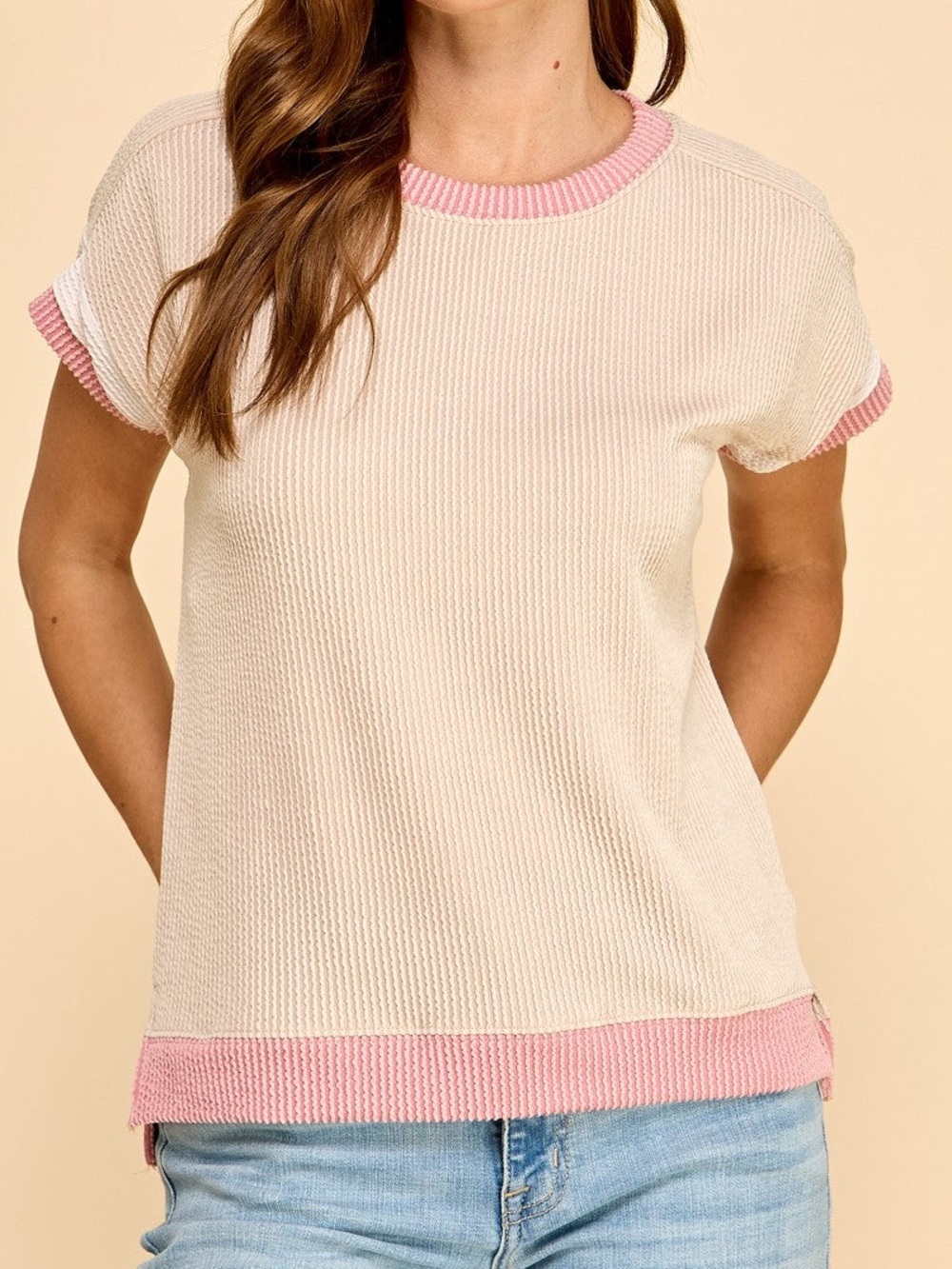 Cream & Pink Short Sleeve Knit Top NWOT